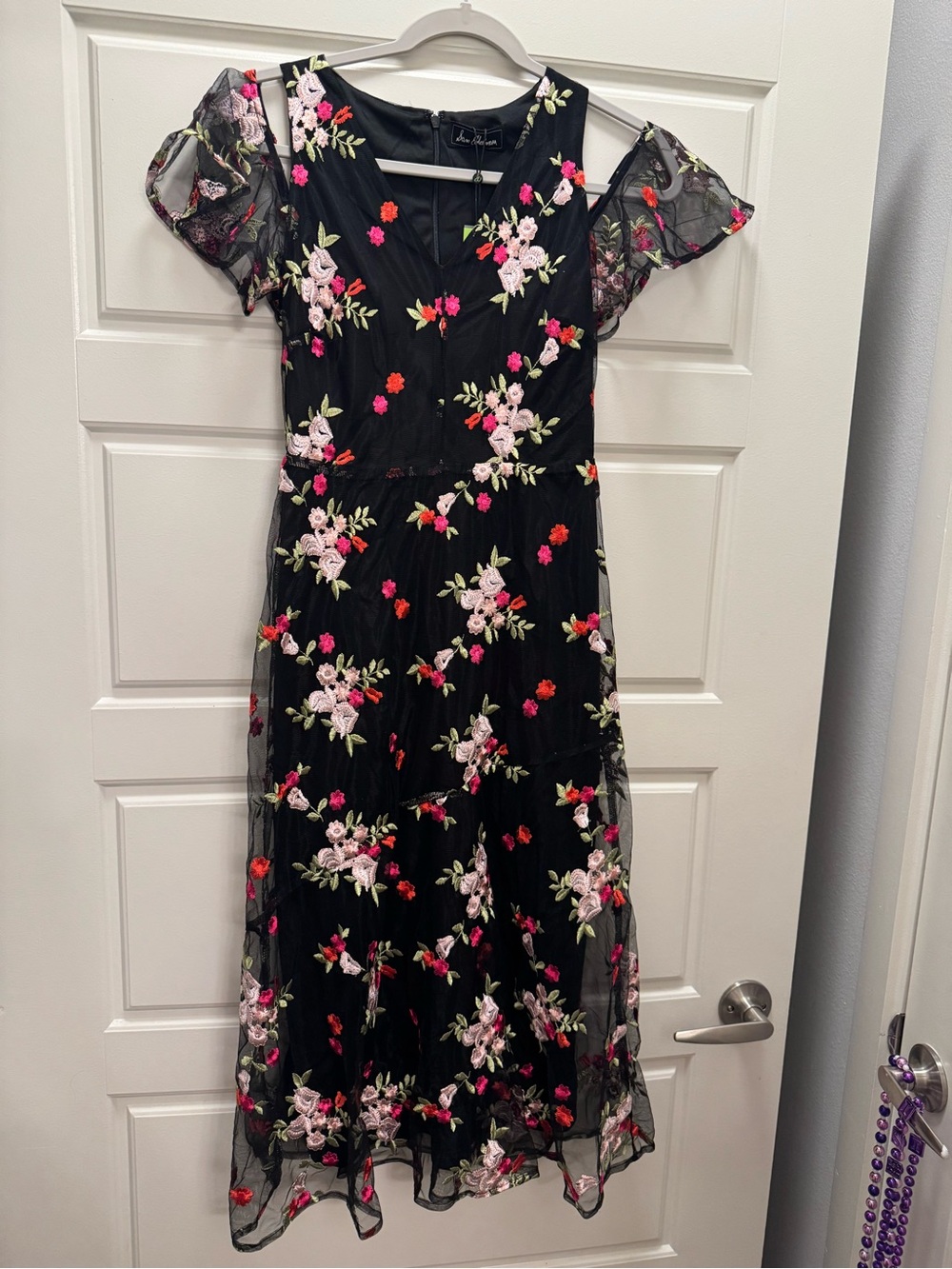 Sam Edelman Black Midi Dress with Pink & Red Floral Embroidery